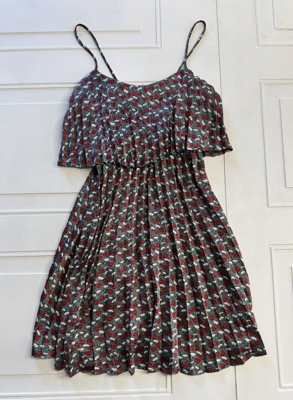 Maude Womens Sz S Spaghetti Strap Tiered Pleated Black Floral MidiDress